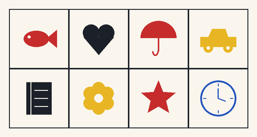 Exemplu de test de memorie vizuală: grilă de opt desene colorate, pe două rânduri — pește roșu, inimă neagră, umbrelă roșie, mașină galbenă, carnet negru, floare galbenă, stea roșie și ceas albastru